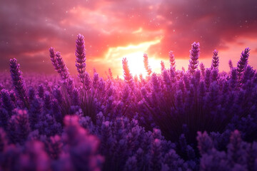 Lavender fields glistening after a gentle rain, with raindrops shimmering on vibrant purple blossoms.