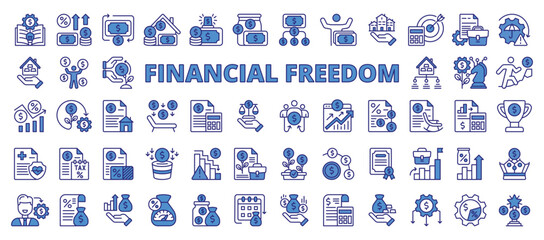 Obraz premium Financial freedom, icon in line design, blue. Financial freedom, wealth, independence, money, investment, savings, success on white background vector. Financial freedom editable stroke icons