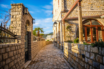 Narrow street in Ulcinj Old Town in Montenegro, the southernmost city at Montenegrin coast, Europe