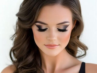 Naklejka premium Stunning Woman with Dramatic Smokey Eye Makeup and Wavy Brunette Hair