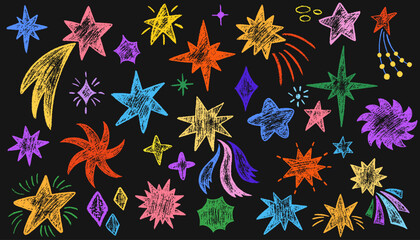 Obraz premium Crayon drawn stars, meteorite and comets. Doodle color magic blinking stars, charcoal cosmic. Set of doodle sparks and sparkles. Pencil or charcoal drawing. Crayon drawings of night sky vector symbols