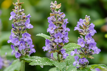 Naklejka premium Lavender fields glistening after a gentle rain, with raindrops shimmering on vibrant purple blossoms.