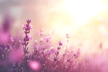 Lavender fields glistening after a gentle rain, with raindrops shimmering on vibrant purple blossoms.