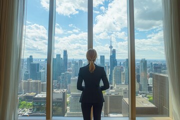 A businesswoman in a formal suit standing in front of a large window overlooking a city skyline