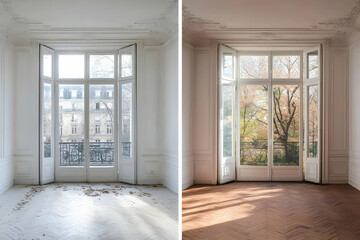 Before & After: Room Transformation Shows Renovated Flooring and View of Lush Greenery