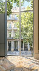 Obraz premium Modern Interior with Herringbone Floor and City View Through Large Window Brightly Lit