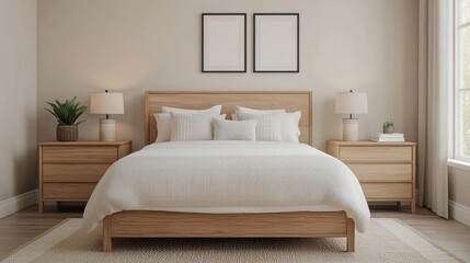 Minimalism idea. A modern bedroom with simple decor, a cozy bed, and warm lighting to enhance comfort.