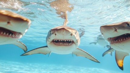 Sharks swimming in crystal blue ocean water with sharp teeth and curious expression