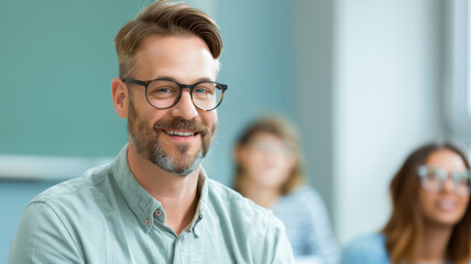 Obraz premium smiling man with glasses and beard is seated in classroom setting, with blurred individuals in background, creating professional and approachable atmosphere