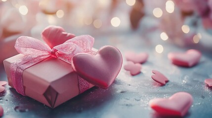 Obraz premium A beautifully wrapped gift lies among heart-shaped decorations, embodying love and enhancing the romantic atmosphere of Valentine's Day celebrations