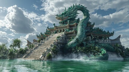 Obraz premium Mystical Fusion: Chinese Dragon Embracing Mayan Pyramid with Water Reflections - Ultra-Detailed Cinematic Image