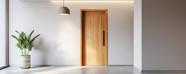 Minimalism idea. Modern interior with wooden door, minimalist design, and decorative plant in a pot.