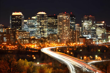 Obraz premium Illuminated cityscape at night with light trails across bridge and river.