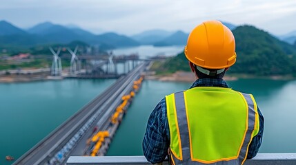 Worker overlooking a river with cargo ships and wind turbines in the background at sunset