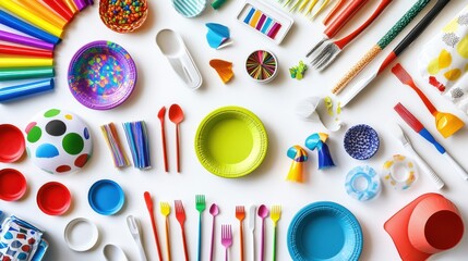 Fototapeta premium Colorful assortment of crafting supplies and tableware arranged on a white background for creative projects