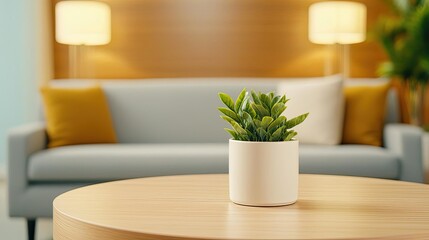 Minimalism idea. A cozy living room with a small potted plant on a wooden table in focus.