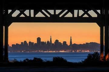 City Skyline at Sunset Viewed Through Bridge Structure Beautifully during Twilight