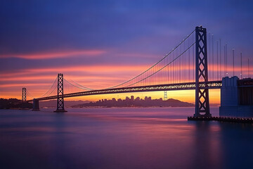 Obraz premium Suspension Bridge Spans Tranquil Waters at Dawn with Cityscape Silhouette