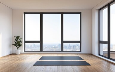 Obraz premium Air quality minimalist idea. Bright minimalist yoga studio with large windows, modern design, and natural light.