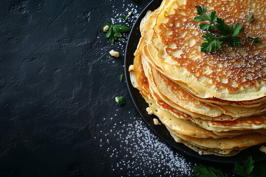 Golden brown pancakes stacked high, garnished with parsley and icing sugar, create a tempting treat for shrove tuesday copy space