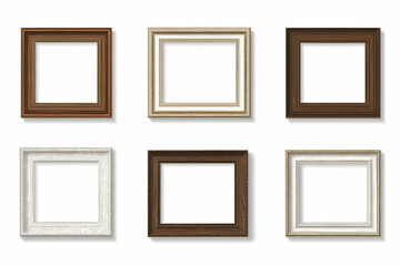 Six Empty Square Picture Frames with Various Wood Finishes and Styles Isolated on White Background