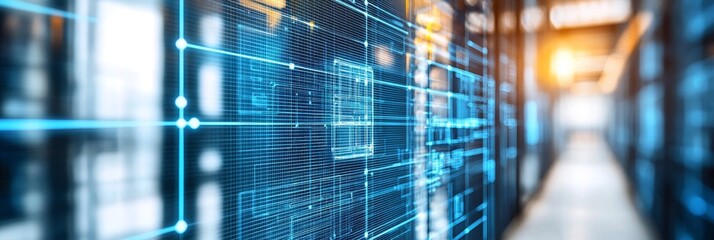 Digital Network Technology Background With Glowing Grid And Data Flow. Abstract Server Room