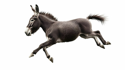 Obraz premium A Dark Gray Donkey Runs and Jumps with Grace and Power on a White Background