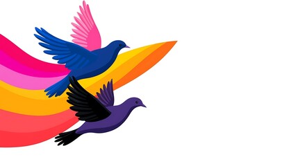 Two Colorful Birds Flying Against a Vibrant Rainbow