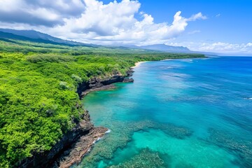 Obraz premium Experience the stunning coastline featuring clear turquoise waters and dense green vegetation. The landscape is illuminated by sunlight, creating a serene atmosphere for relaxation and adventure.