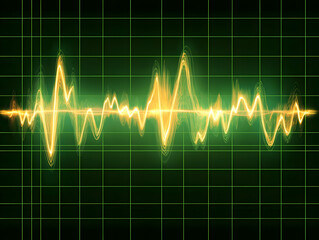 Golden Soundwave Oscillates on a Green Grid Background with Energy and Fluidity.