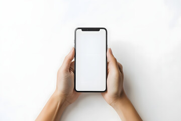 モックアップのスマートフォン画面を持つ手の写真
