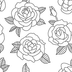 A rose seamless pattern. An outline seamless illustration with flowers. A black and white roses with leaves background. 