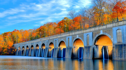 Water flows gracefully over a dam amidst vibrant autumn foliage under a serene blue sky.