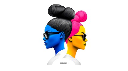 Two Women in Profile, Bold Colors and Geometric Style