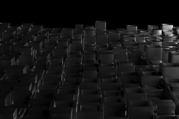 Obraz premium Geometric abstract concept with black metallic cubes in dynamic arrangement. 3d render