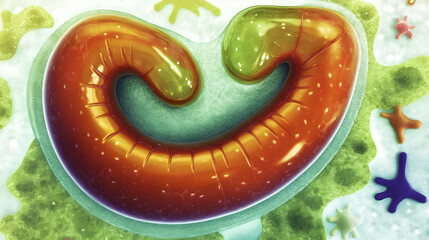 3D Illustration of a Worm-like Organism Resembling a Mitochondrion in a Cellular Environment.