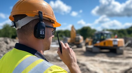 Construction Site Supervisor Communicating with Heavy Machinery
