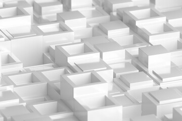 Geometric abstract pattern with white cubes and open boxes. 3d render