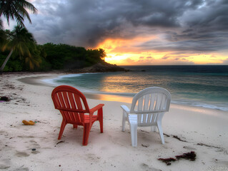 Two Empty Chairs Sit on a Sandy Beach Facing a Golden Sunset Over the Ocean