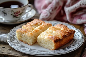 Enjoying fresh baked bread with a cup of tea on a rustic wooden table in a cozy setting during morning hours