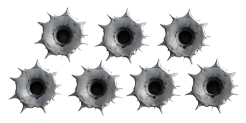 Collection set of metal bullet holes isolated on transparent or white background
