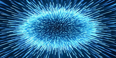 Obraz premium Abstract Blue Sphere Emits Radiant Light Beams Dynamically in a Dark Background