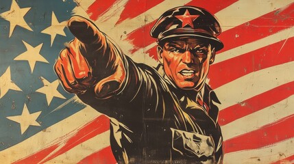 A 1940s wartime poster with bold colors and patriotic messaging