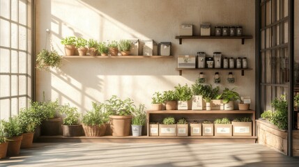 Sunlit interior with potted herbs, wooden shelves, and earthy tones.