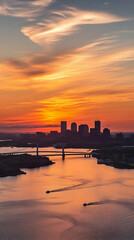Cityscape Silhouette at Sunrise: Golden Hour Paints the Sky and Water with Warm Hues