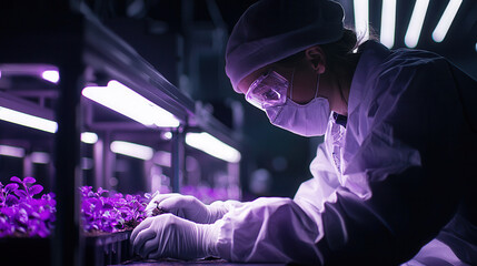 Obraz premium scientist protective gear examines plants purple LED lights laboratory, showcasing advancements agricultural technology and biology