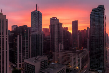 Naklejka premium Cityscape at Dawn: Towers and Buildings Glow Under a Vibrant Pink and Orange Sky at Sunrise