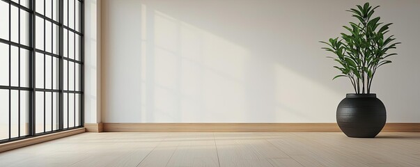 Minimalism idea. A serene interior featuring a potted plant and natural light in a minimalist space.