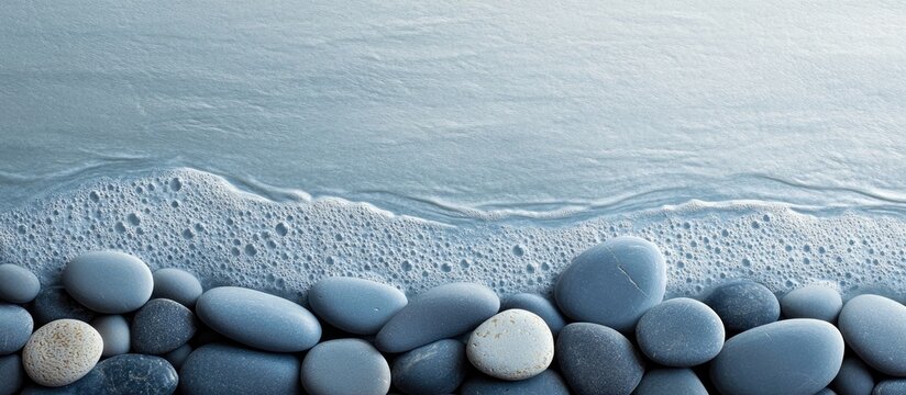 Tranquil pebble beach with smooth gray stones in foreground and gentle sea waves creating calming patterns in soft blue tones in background