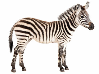 Fototapeta premium Young Zebra Stands Alert with Distinctive Stripes on White Background